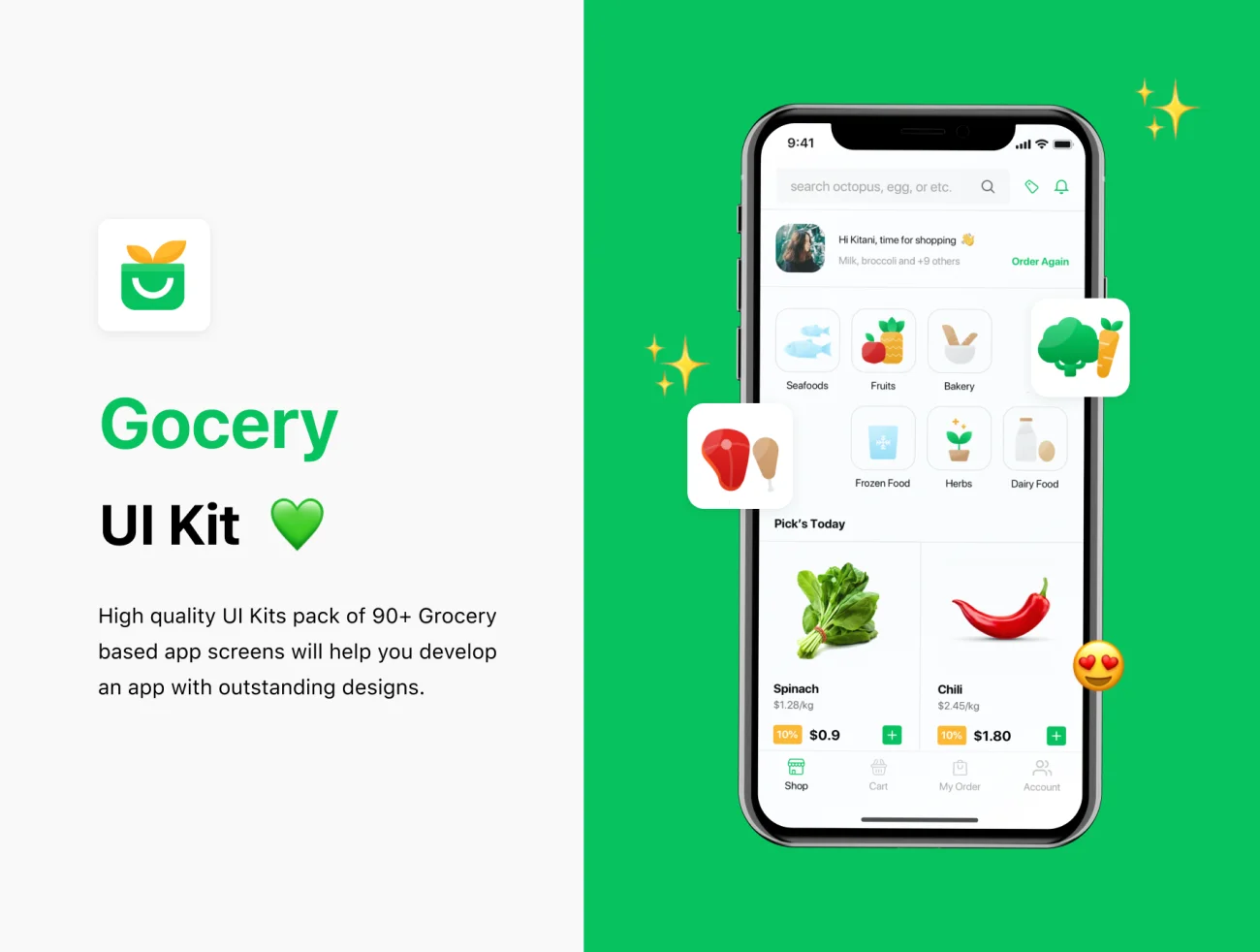 Grocery App ui kit 95屏生活商超蔬菜水果日用品采购应用UI设计套件-3D/图标、UI/UX、ui套件、列表、卡片式、图表、地图、字体、应用、支付、注册、网购、表单、详情-到位啦UI