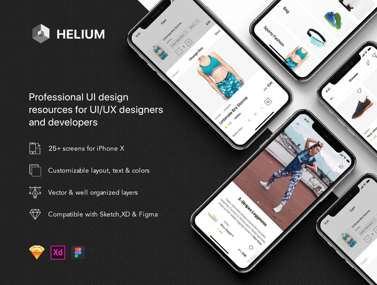 Helium - Fashion Shop UI Kit 25屏时髦时尚在线商店UI套件-3D/图标、UI/UX、ui套件、付款、列表、卡片式、字体、应用、支付、日历、网购、表单、详情-到位啦UI
