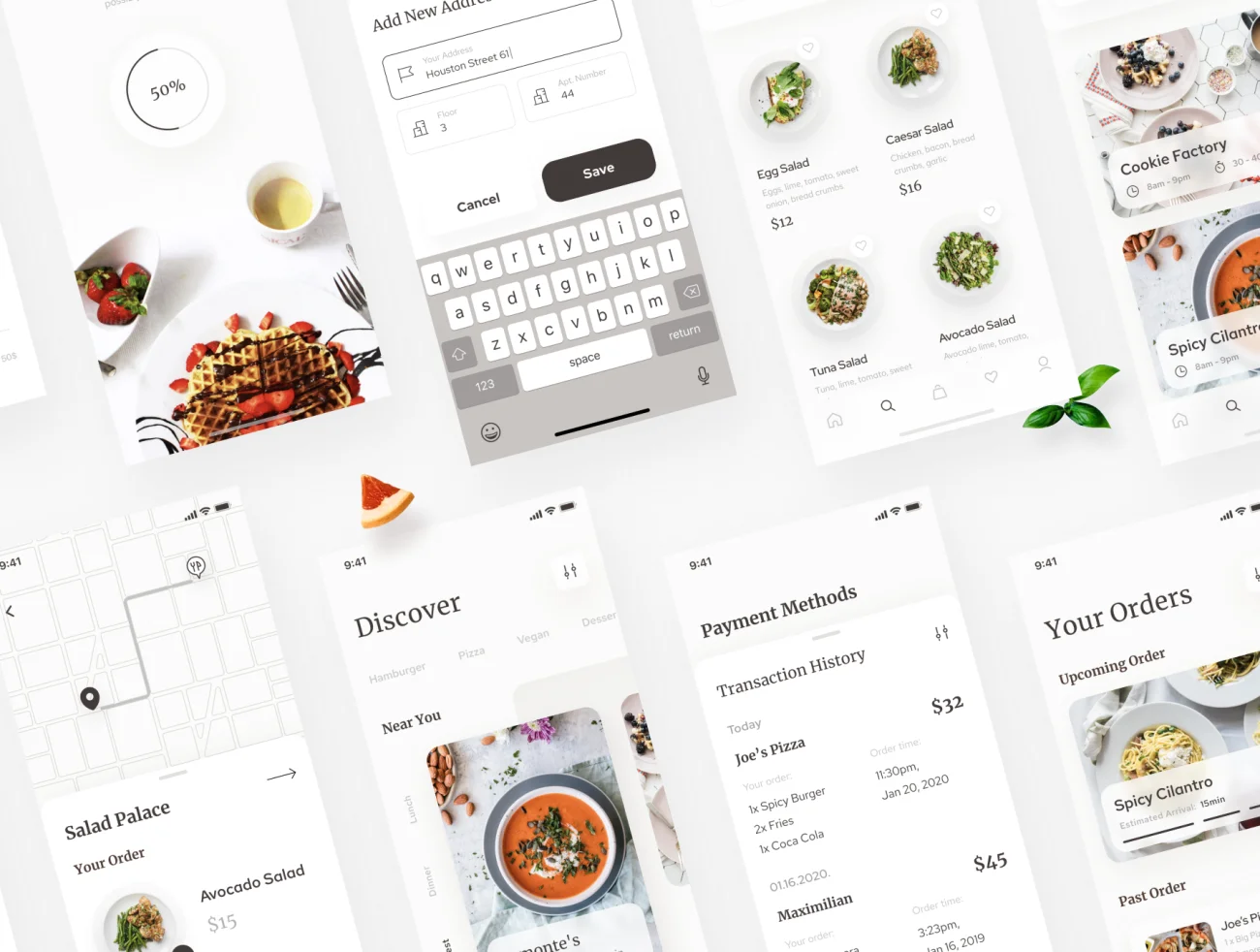 Homes - Food Delivery App 80屏餐厅外卖点餐送餐应用UI设计套件-UI/UX、ui套件、付款、列表、卡片式、图表、应用、引导页、支付、日历、注册、登录页、着陆页、网购、聊天、详情、预订-到位啦UI