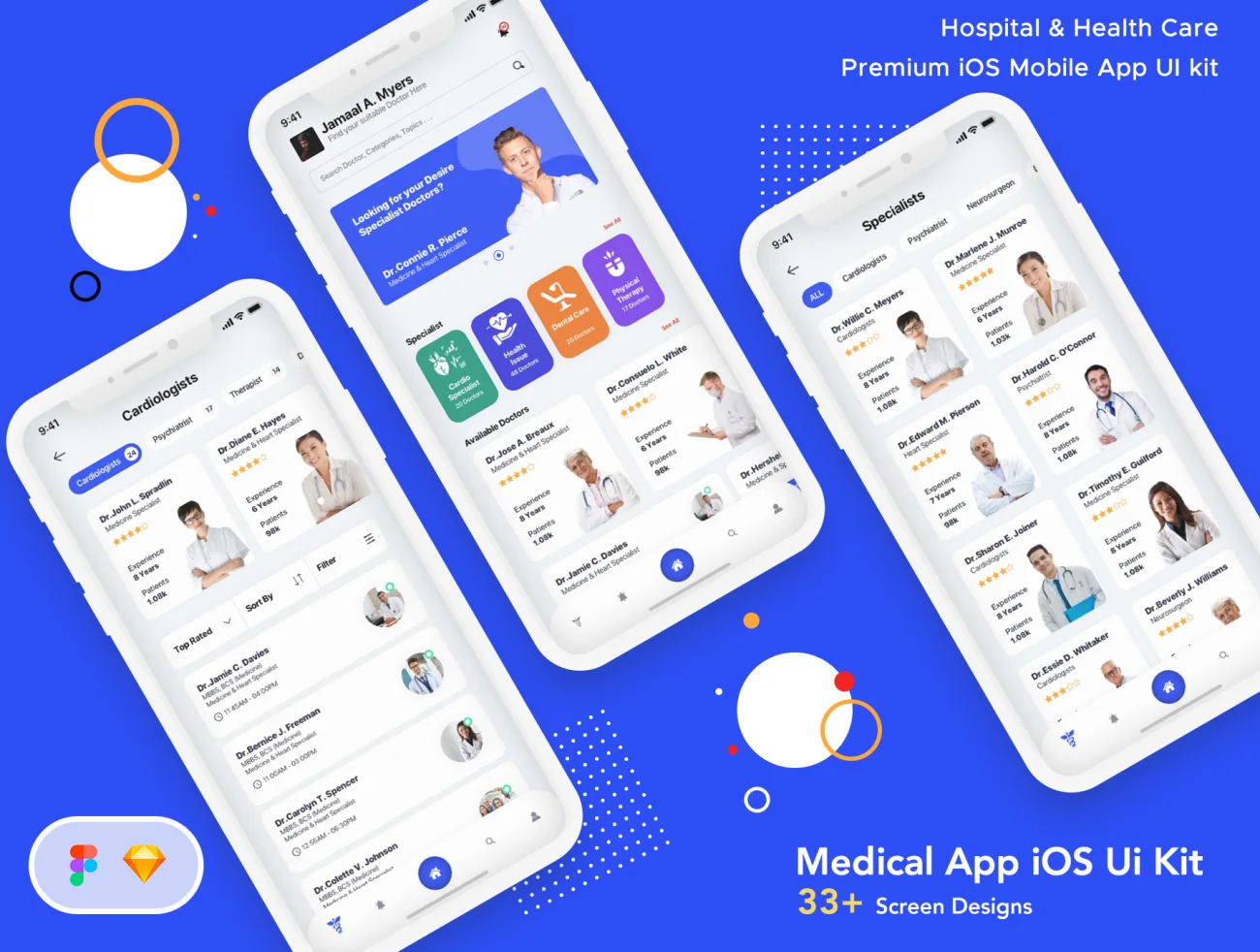 Hospital _ HealthCare Mobile App UI 33屏医院与医疗保健移动应用程序用户界面-UI/UX、ui套件、列表、卡片式、图表、地图、应用、日历、注册、网购、聊天、表单、详情、预订-到位啦UI