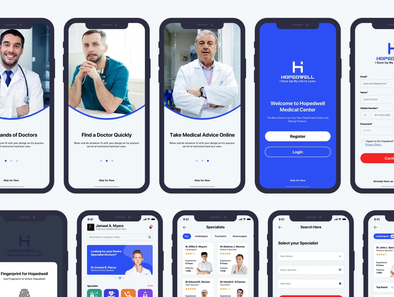 Hospital _ HealthCare Mobile App UI 33屏医院与医疗保健移动应用程序用户界面-UI/UX、ui套件、列表、卡片式、图表、地图、应用、日历、注册、网购、聊天、表单、详情、预订-到位啦UI