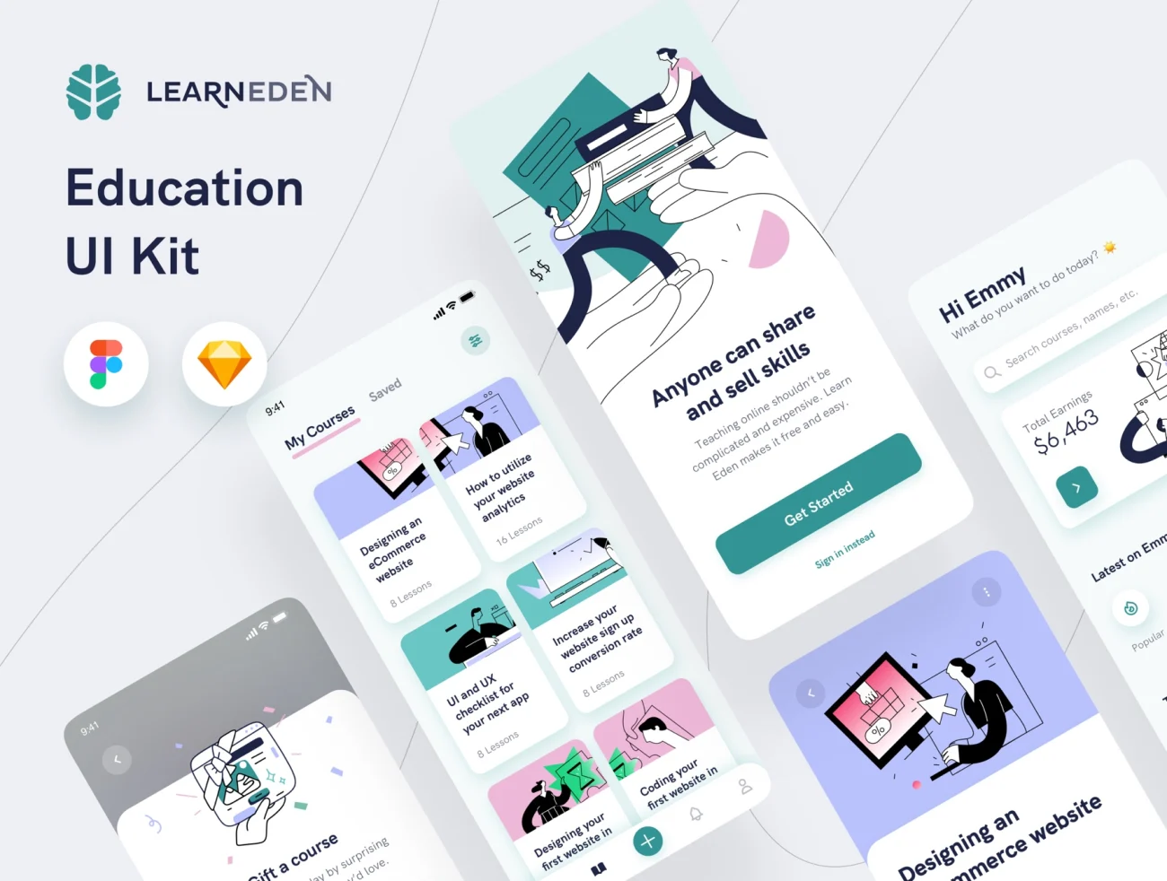 Learn Eden Education App UI Kit 30屏学习教育应用程序UI设计套件-UI/UX、ui套件、列表、卡片式、图表、应用、日历、社交、表单-到位啦UI