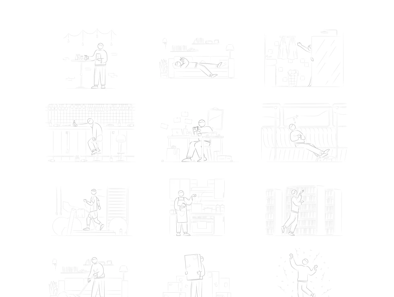Matt Illustrations 28张手绘线条轮廓生活场景插图-人物插画、场景插画、学习生活、插画、插画功能、插画风格、状态页、社交购物、线条手绘、营销创业、趣味漫画、运动健身-到位啦UI