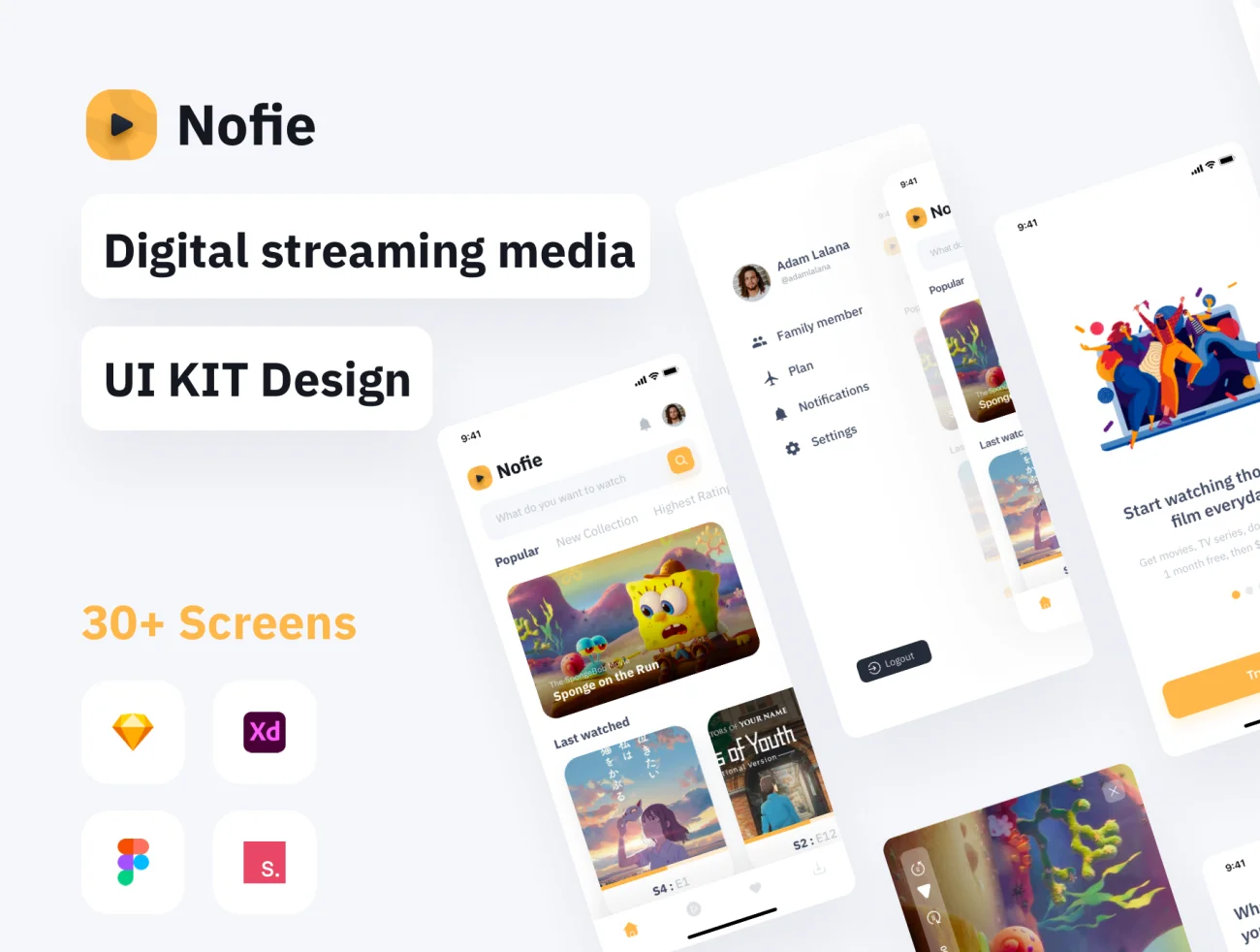 Nofie - Digital streaming media UI KIT 数字多媒体应用观看电影电视以及离线下载UI设计套件-UI/UX、ui套件、列表、卡片式、应用、海报、详情-到位啦UI