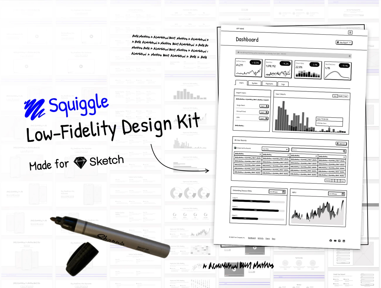 Squiggle Low-Fidelity Design Kit 632个低保真马克笔手绘线框图设计组件包套件-3D/图标、UI/UX、ui套件、列表、图表、网站、详情-到位啦UI
