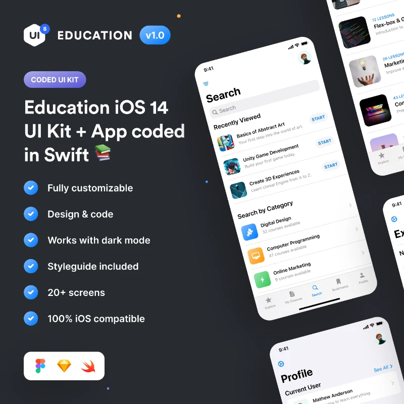 Swift Education iOS 14 App Kit 教育在线学习应用iOS 14应用设计套件+swift源码缩略图到位啦UI
