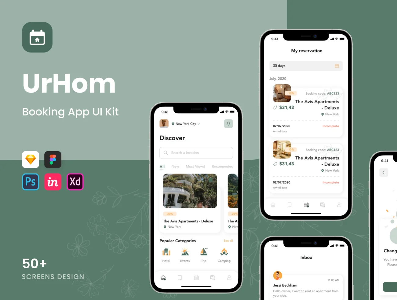 UrHom - Booking App UI Kit 50屏iOS 14在线酒店预订平台应用UI套件模板-UI/UX、ui套件、付款、卡片式、图表、应用、支付、日历、电子钱包、表单、详情、预订-到位啦UI