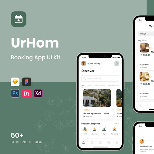 UrHom - Booking App UI Kit 50屏iOS 14在线酒店预订平台应用UI套件模板
