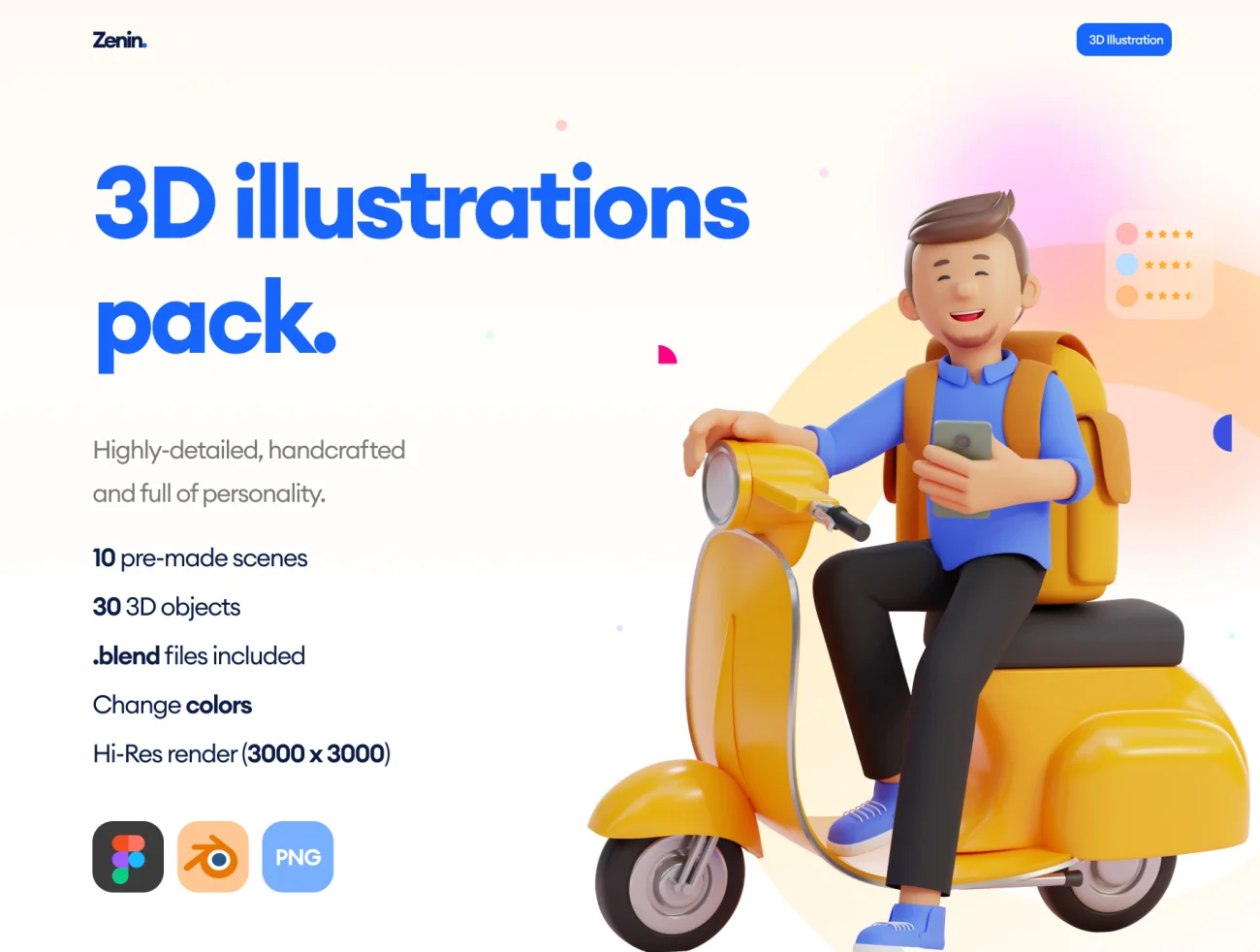 ZENIN - 3D Illustrations Pack 10个预制场景个性化3D人物插图包-人物插画、商业金融、场景插画、学习生活、插画、插画功能、社交购物、职场办公-到位啦UI