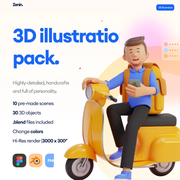 ZENIN - 3D Illustrations Pack 10个预制场景个性化3D人物插图包