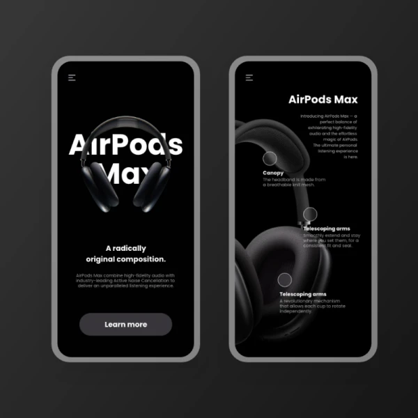 苹果AirPods max降噪耳机深色详情展示xd设计模板airpods max exploration for ios