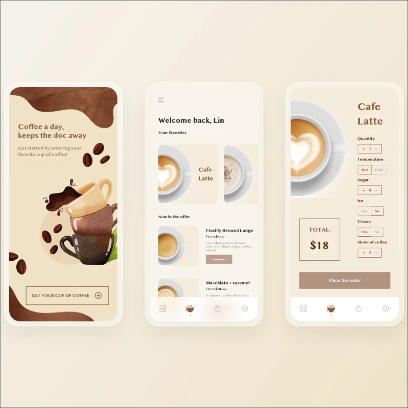 Coffee App Exploration for iOS 暖色温馨咖啡在线点餐外卖app ios UI 界面设计套件-UI/UX、卡片式、应用、网购-到位啦UI