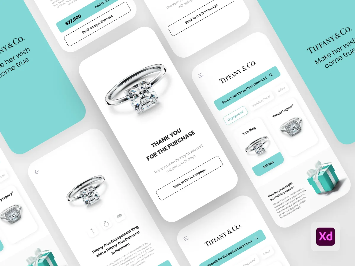 Tiffany Online Jewelry E commerce Store App Exploration Tiffany珠宝在线商店app UI 界面设计套件-UI/UX、ui套件、主页、卡片式、应用、支付、网购、表单、详情-到位啦UI
