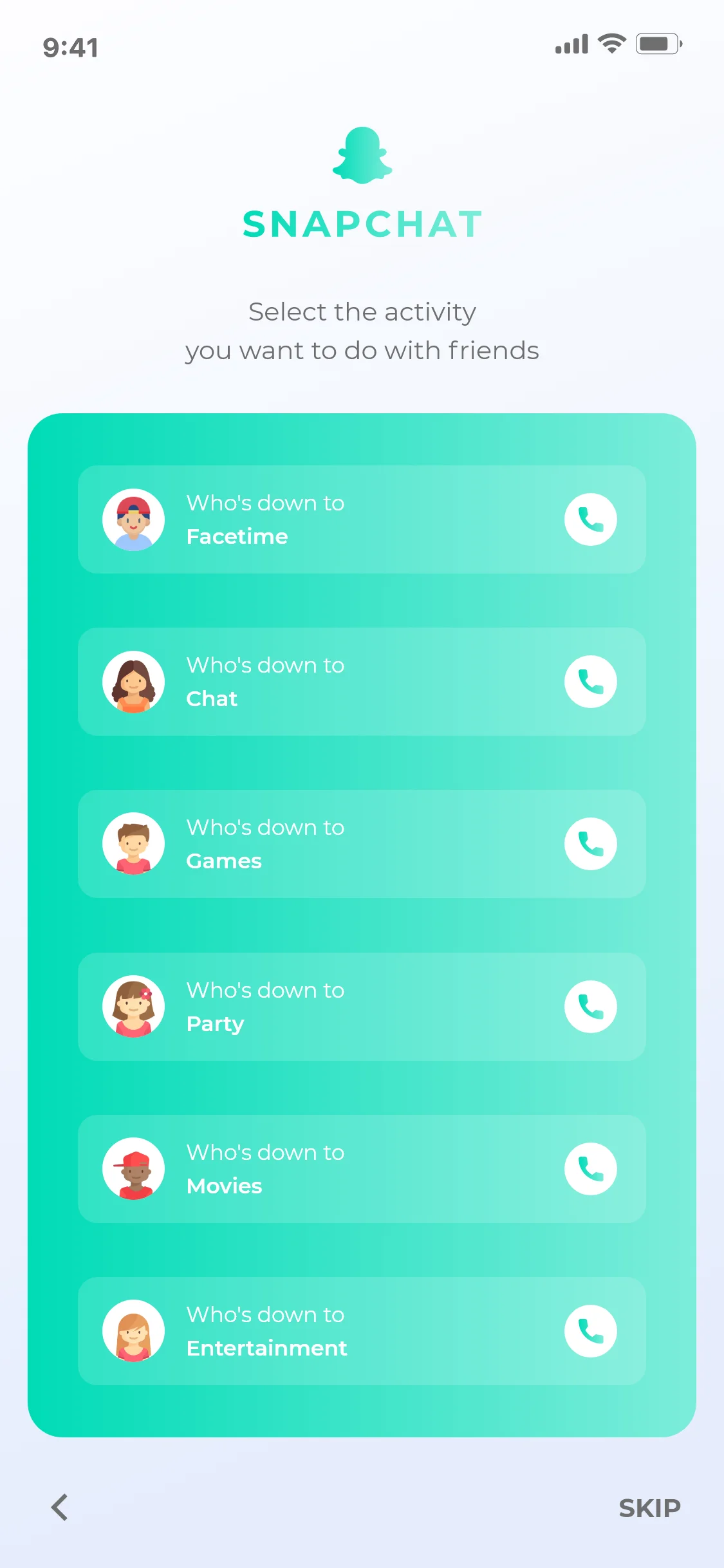 snapchat社交交友应用重新设计创意套件-ui套件、社交-到位啦UI