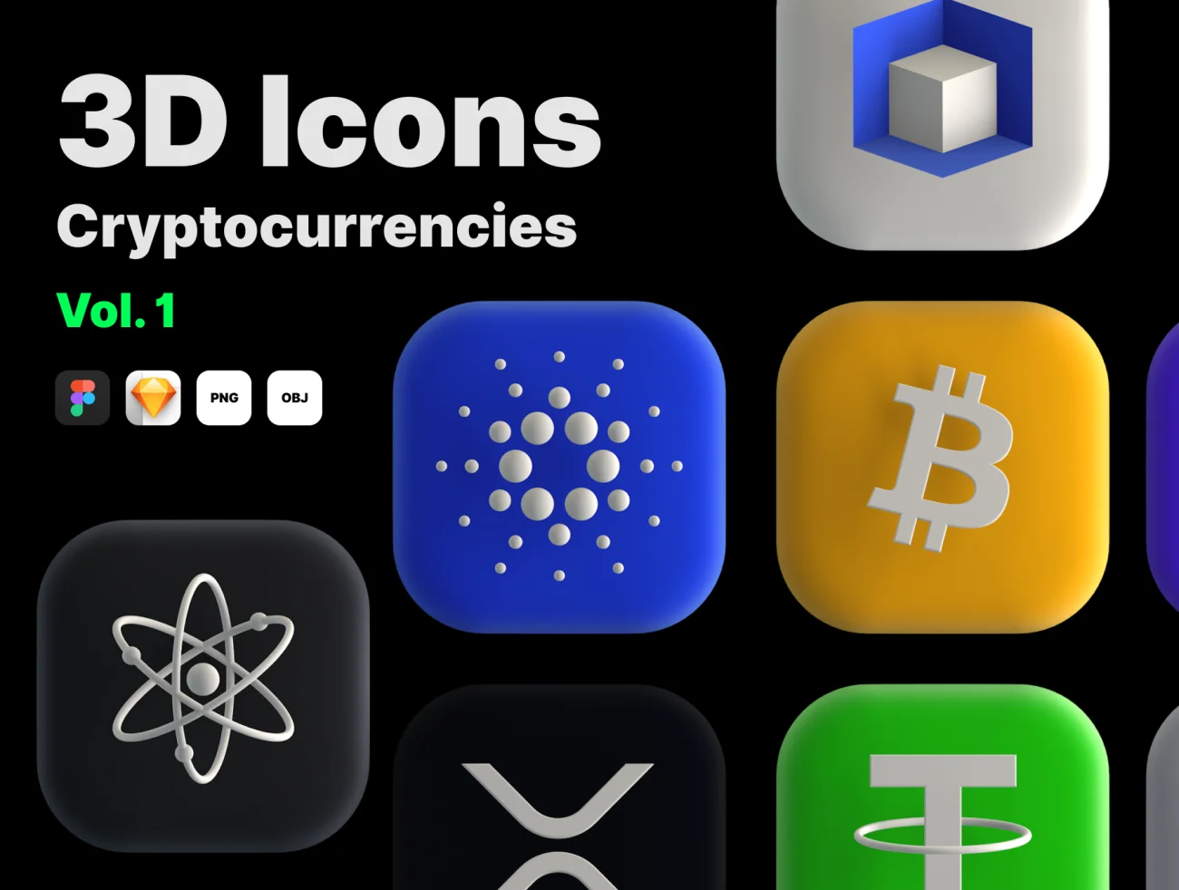 10种3D加密货币图标合集 3D Cryptocurrency Icons-3D/图标-到位啦UI