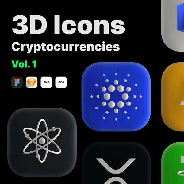 10种3D加密货币图标合集 3D Cryptocurrency Icons