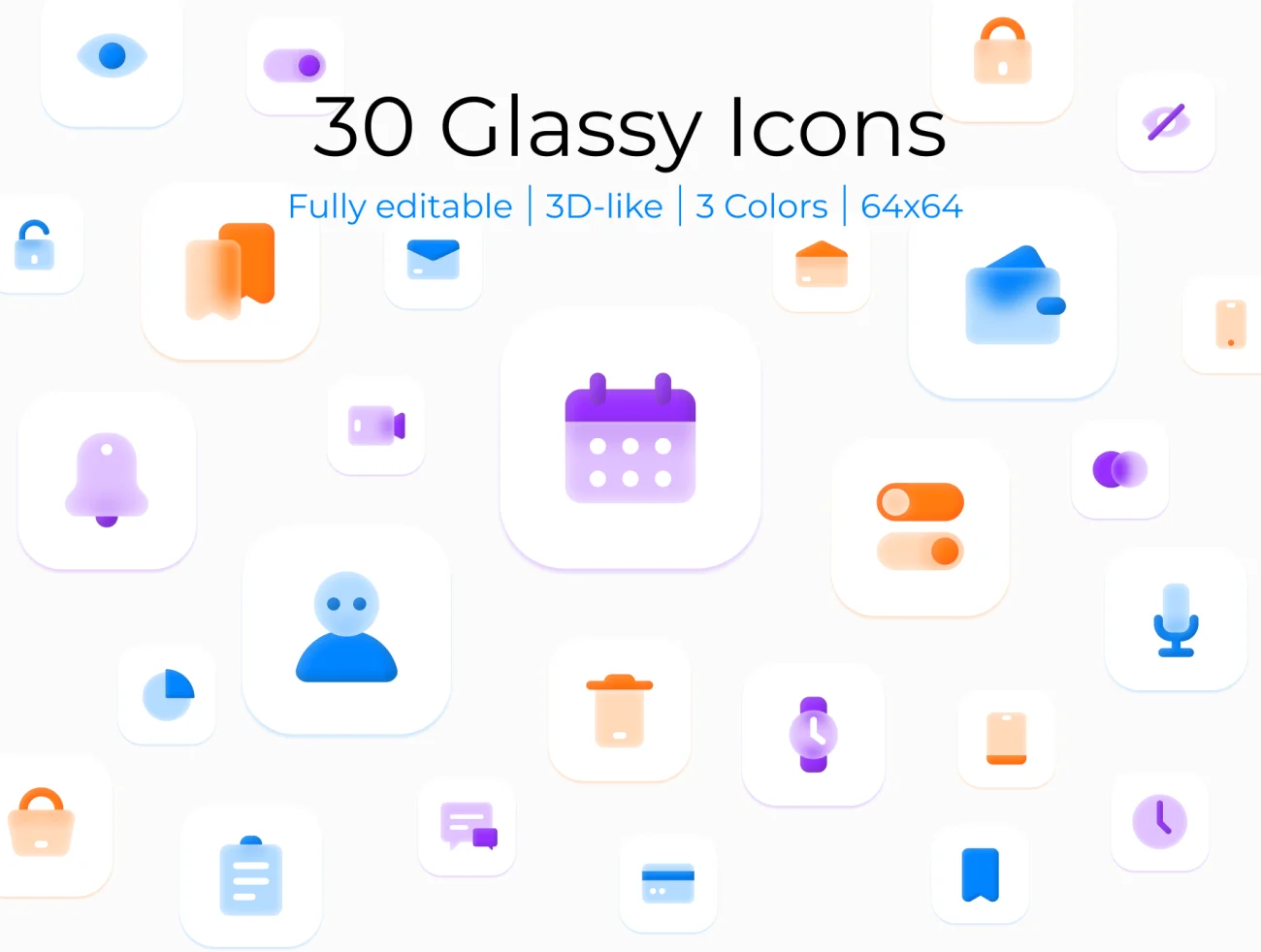 30个轻拟物伪3D毛玻璃风格矢量图标 30 Glassy Icons for UI Design-3D/图标-到位啦UI