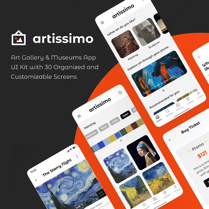 30屏在线艺术品虚拟美术博物馆应用UI设计工具包 Artissimo Art & Museum App UI Kit缩略图到位啦UI