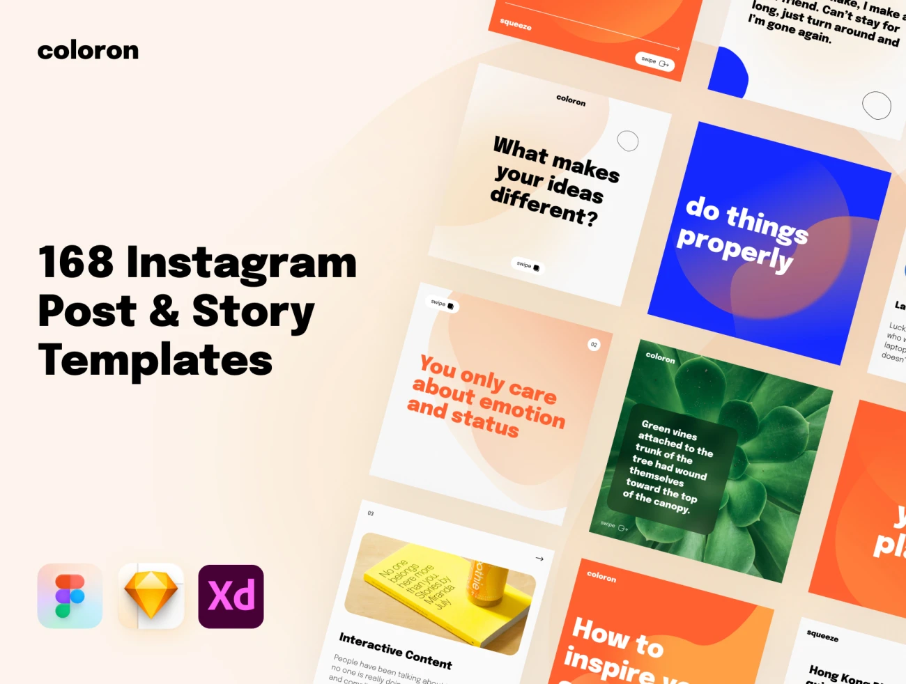 168种易于编辑的Instagram帖子和ins故事板式设计模板 Coloron  Instagram Posts & Stories Templates-UI/UX、卡片式、平面广告、海报、海报素材、设计元素-到位啦UI