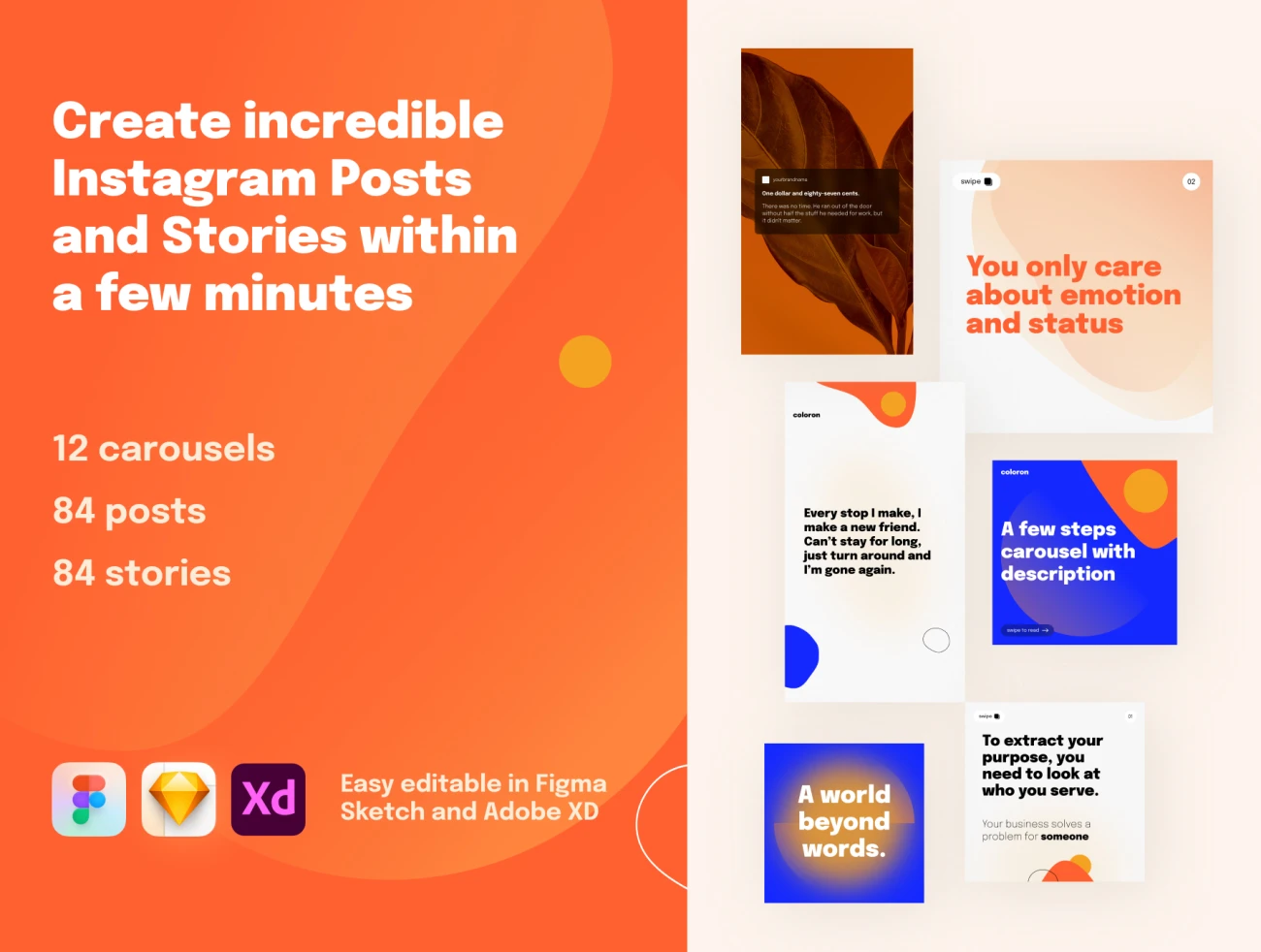 168种易于编辑的Instagram帖子和ins故事板式设计模板 Coloron  Instagram Posts & Stories Templates-UI/UX、卡片式、平面广告、海报、海报素材、设计元素-到位啦UI