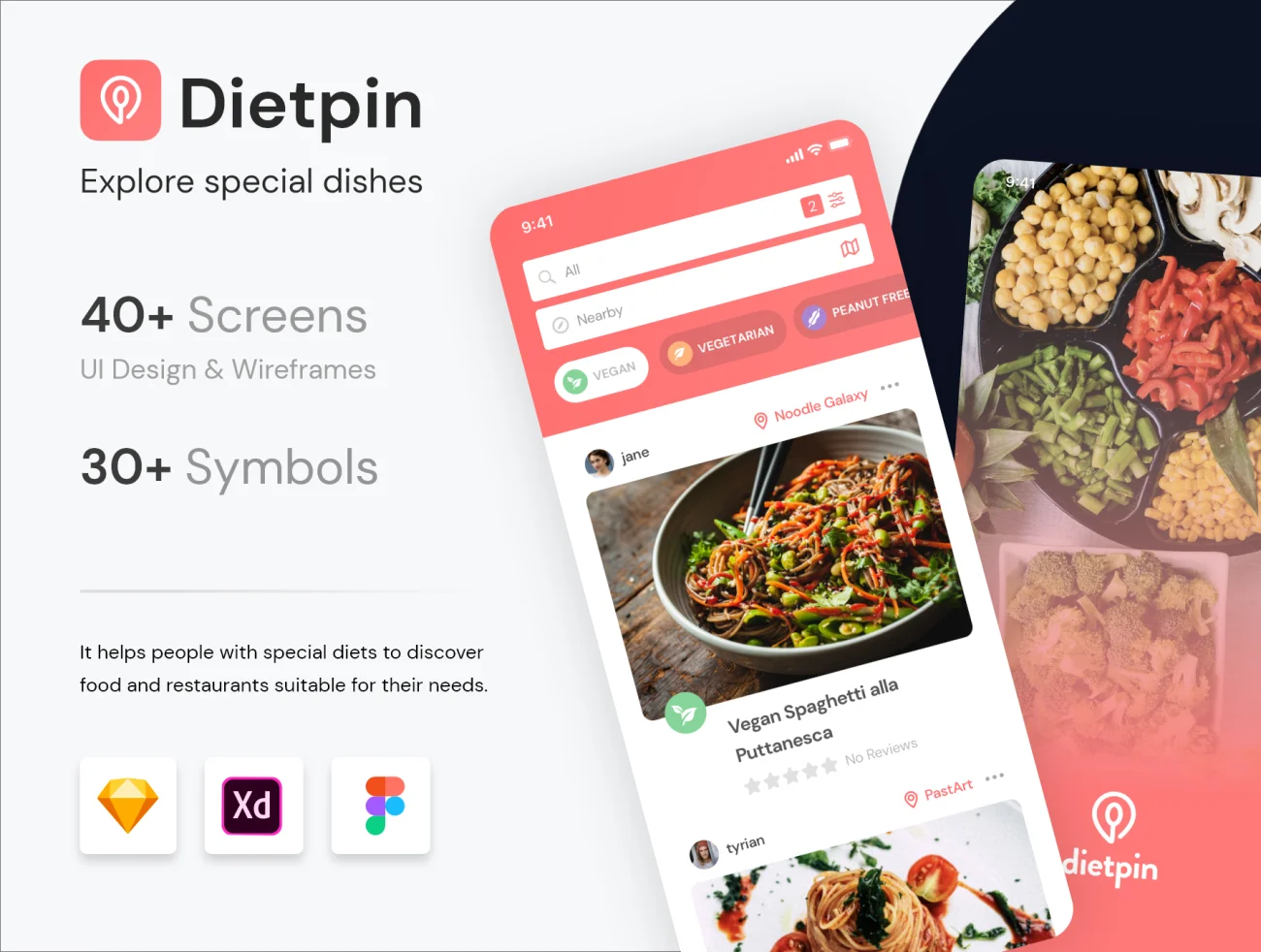 40屏菜谱分享美食点餐商家查找外卖应用UI设计套件 Dietpin-UI/UX、ui套件、介绍、列表、卡片式、应用、支付、日历、网购、详情、预订-到位啦UI