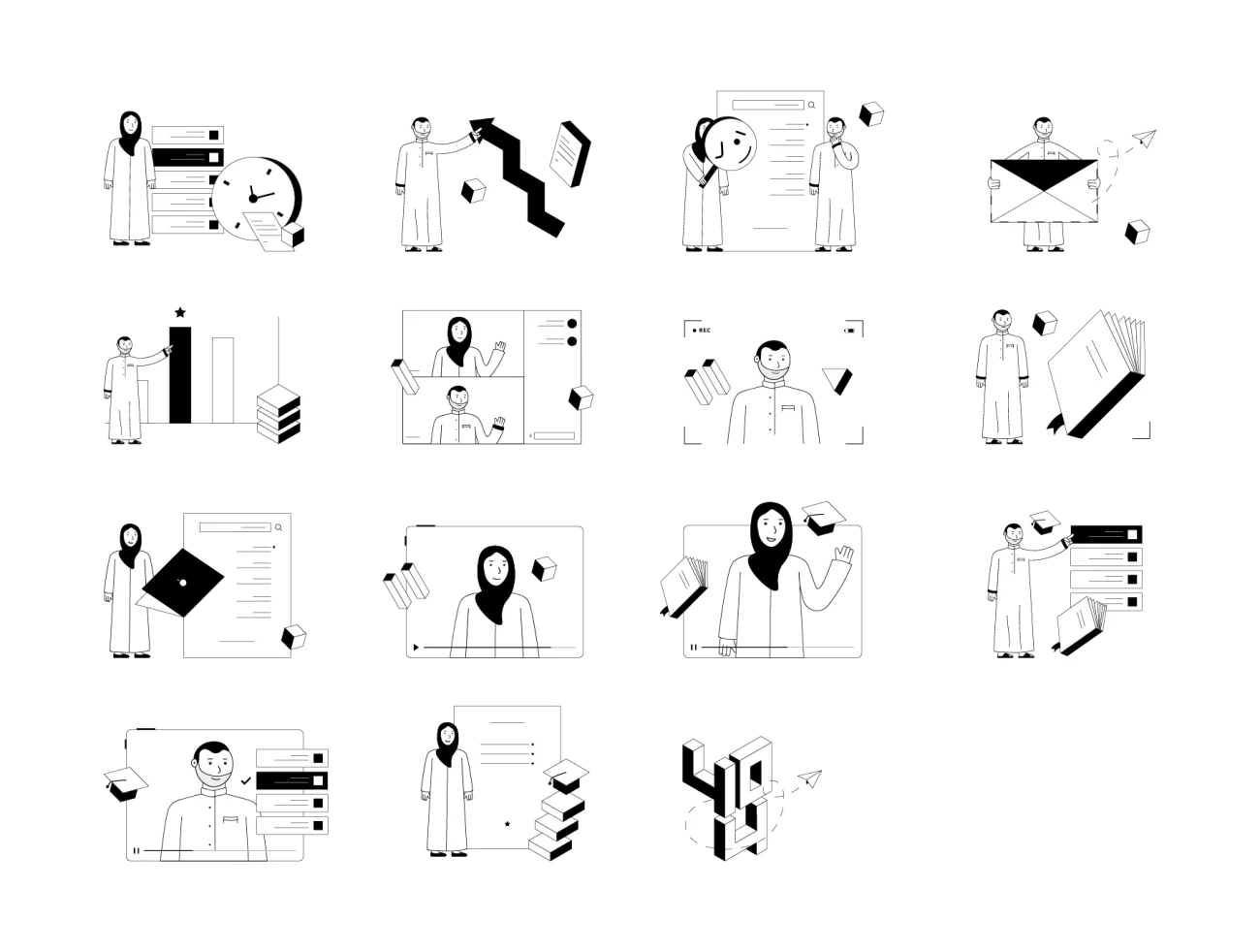 15个黑白矢量插图共21个等距元素素材 Eqaal illustrations-人物插画、场景插画、插画-到位啦UI