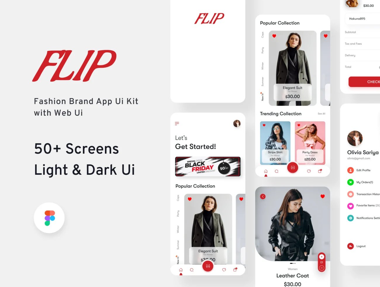50屏时尚品牌商店服饰电商UI设计套件 Flip Brand Store UI KIT-3D/图标、UI/UX、ui套件、主页、字体、应用、支付、登录页、网购、详情-到位啦UI