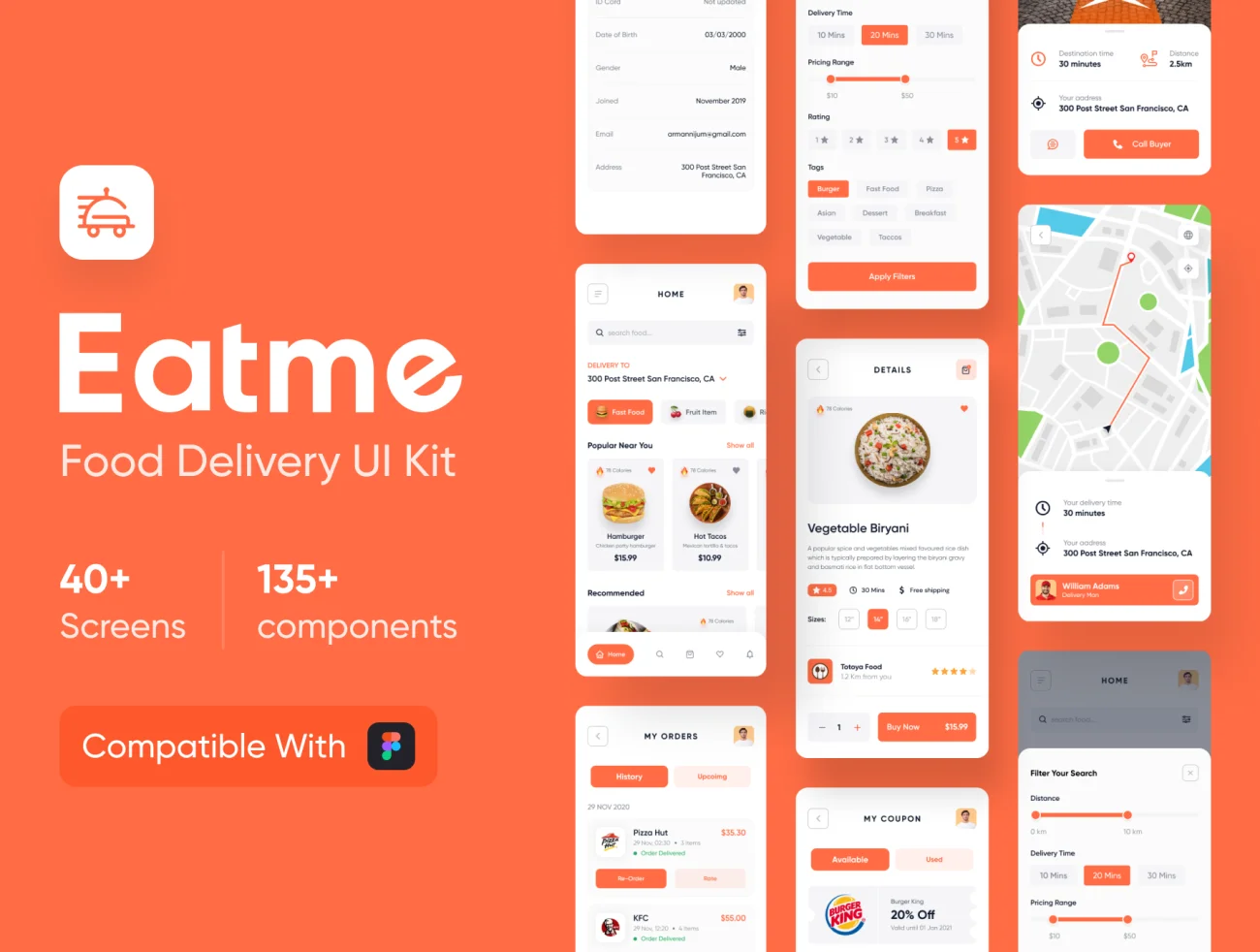 40屏送餐iOS应用Figma UI套件 Food Delivery iOS UI Kit-UI/UX、ui套件、付款、列表、地图、应用、支付、网购、表单、详情、预订-到位啦UI