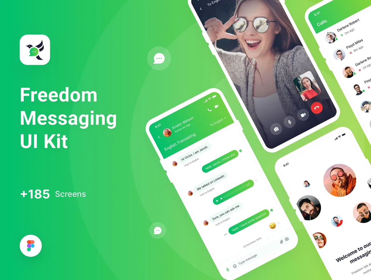 185屏消息和聊天应用用户界面套件Freedom Messaging App UI Kit-UI/UX、ui套件、应用、社交、聊天-到位啦UI