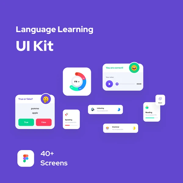 40屏语言学习应用Figma UI套件 Language Learning App