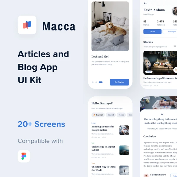 20屏文章和博客时尚UI简洁应用设计套件 Macca - article & blog app UI Kit