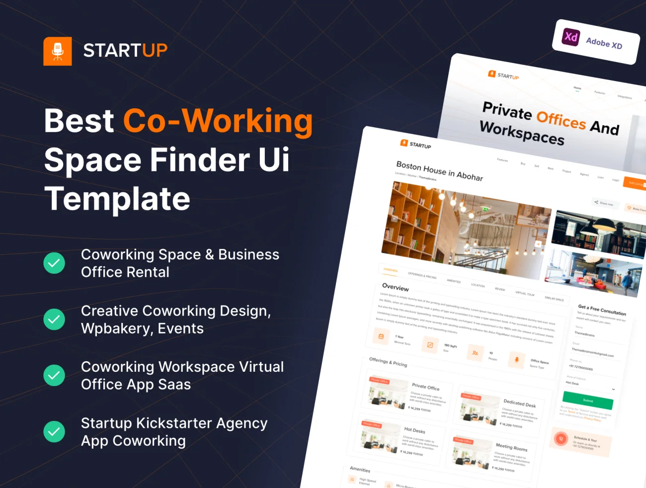 寻找共享办公空间应用UI模板 Space Work - Best Co-working space Finder UI Template-UI/UX、ui套件、主页、介绍、应用、引导页、支付、着陆页、网站、网购、聊天、详情、预订-到位啦UI