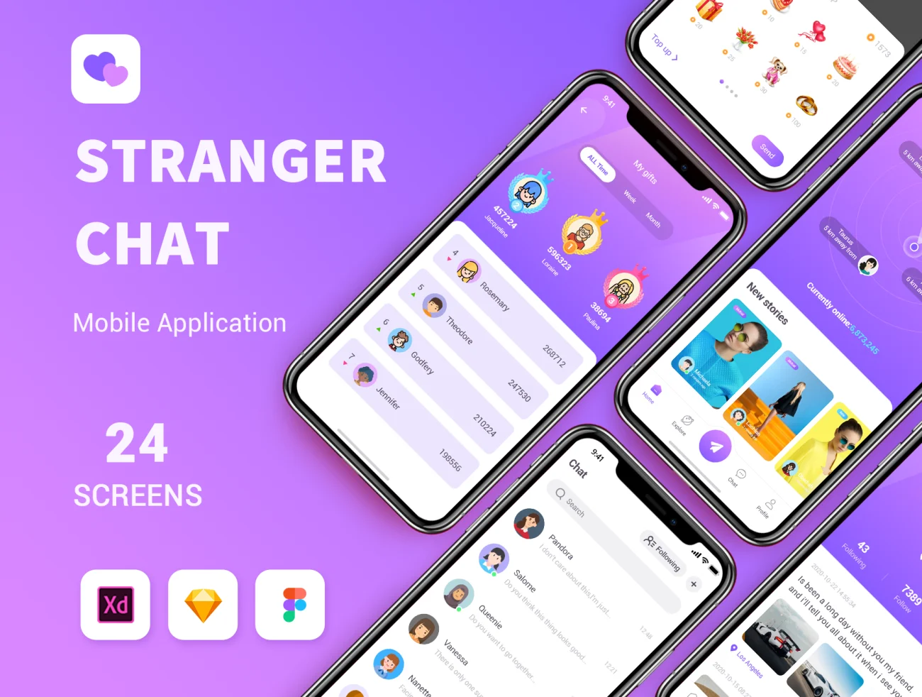 24屏紫色陌生人随机聊天交友社交应用程序UIkit Stranger Chat - Purple social app UIkit-UI/UX、ui套件、介绍、应用、注册、登录页、社交、聊天-到位啦UI