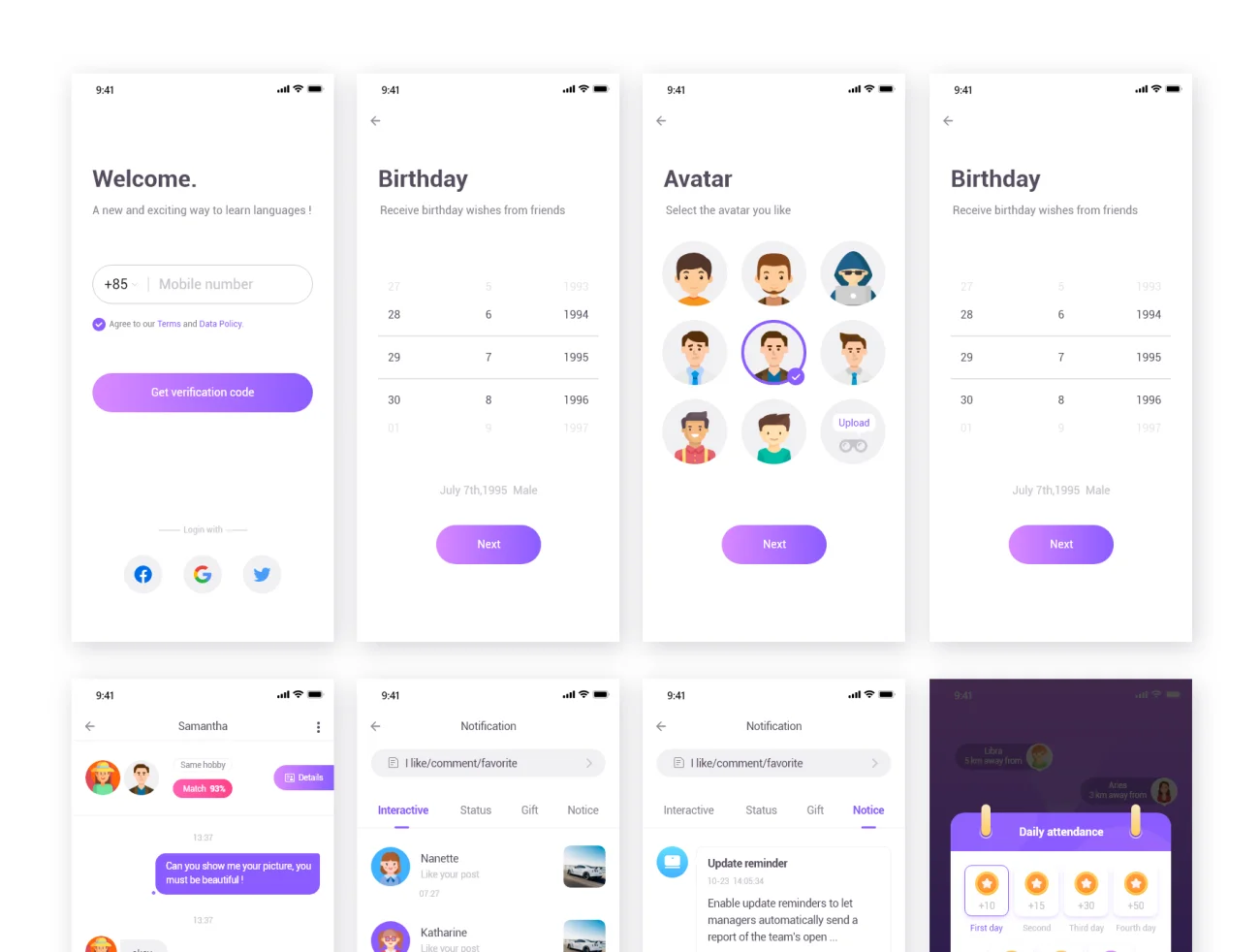 24屏紫色陌生人随机聊天交友社交应用程序UIkit Stranger Chat - Purple social app UIkit-UI/UX、ui套件、介绍、应用、注册、登录页、社交、聊天-到位啦UI