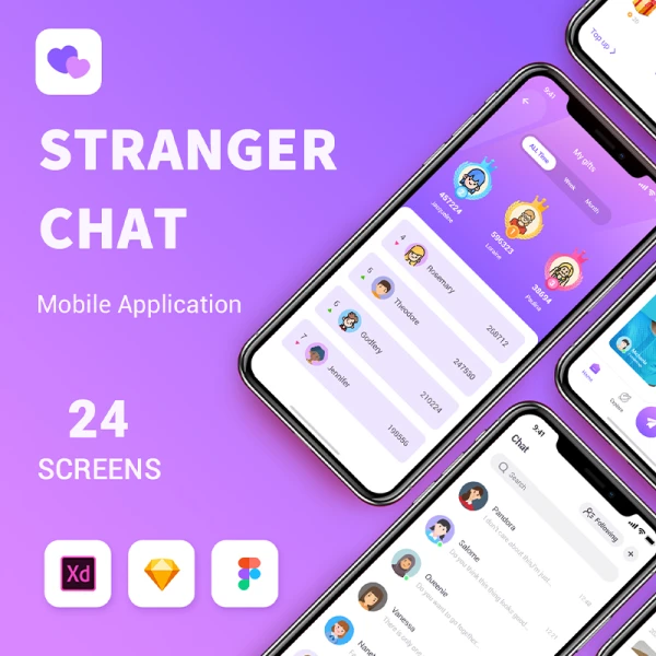 24屏紫色陌生人随机聊天交友社交应用程序UIkit Stranger Chat - Purple social app UIkit