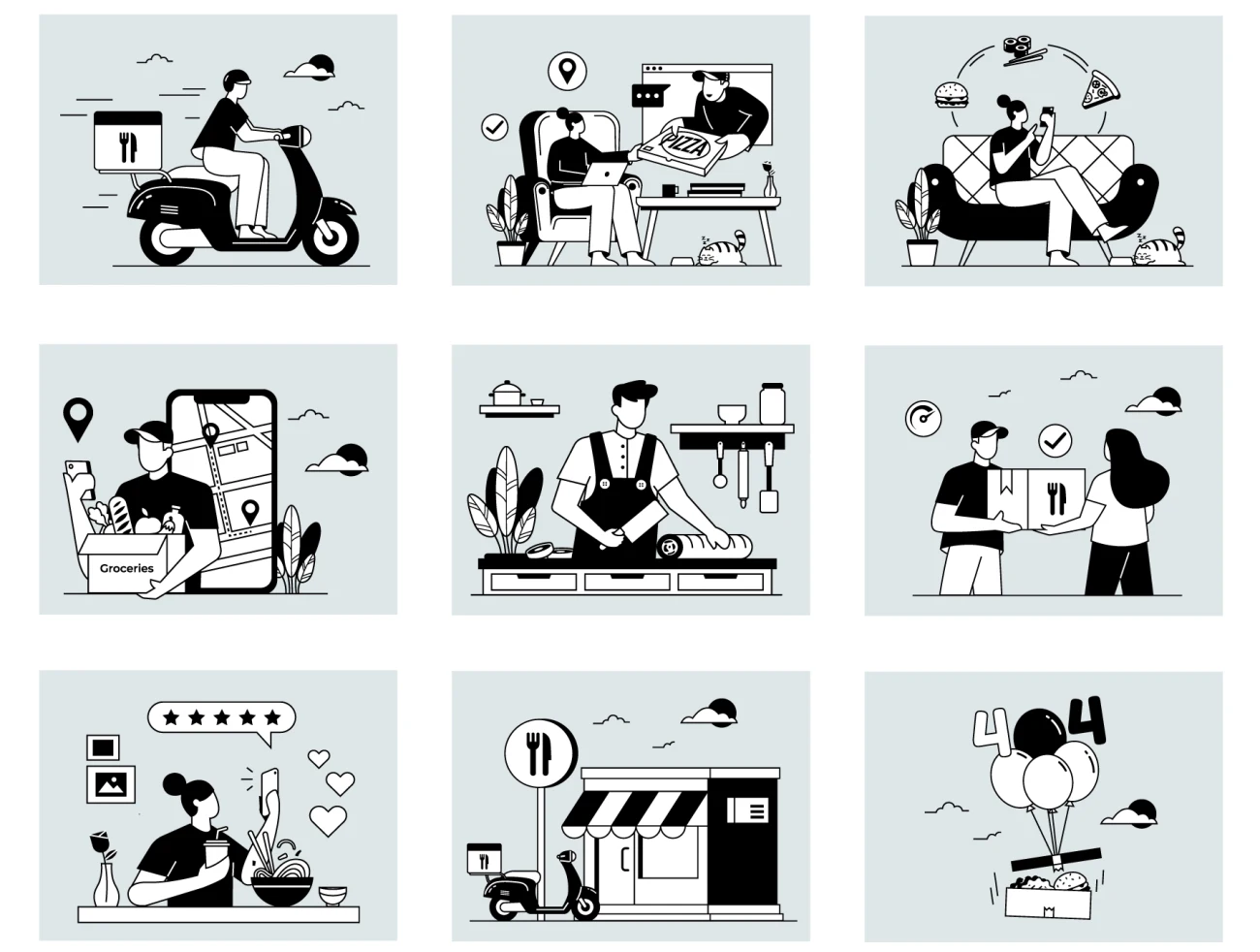 23个外卖场景黑白漫画风插图 ANTA – Food Delivery Illustration Pack插图11