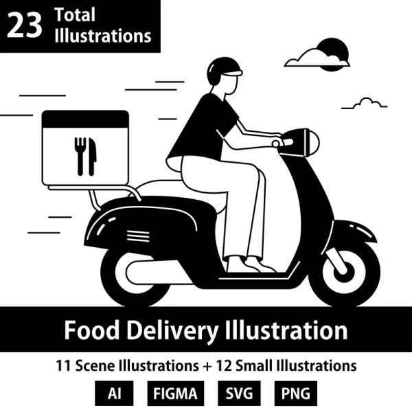 23个外卖场景黑白漫画风插图 ANTA - Food Delivery Illustration Pack