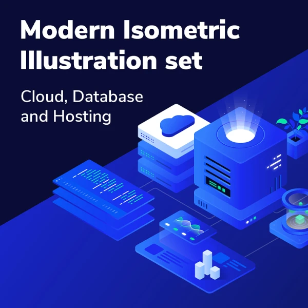 云计算大数据人工智能服务器托管2.5D等距矢量插画合集 Cloud and Hosting Isometric Illustration set
