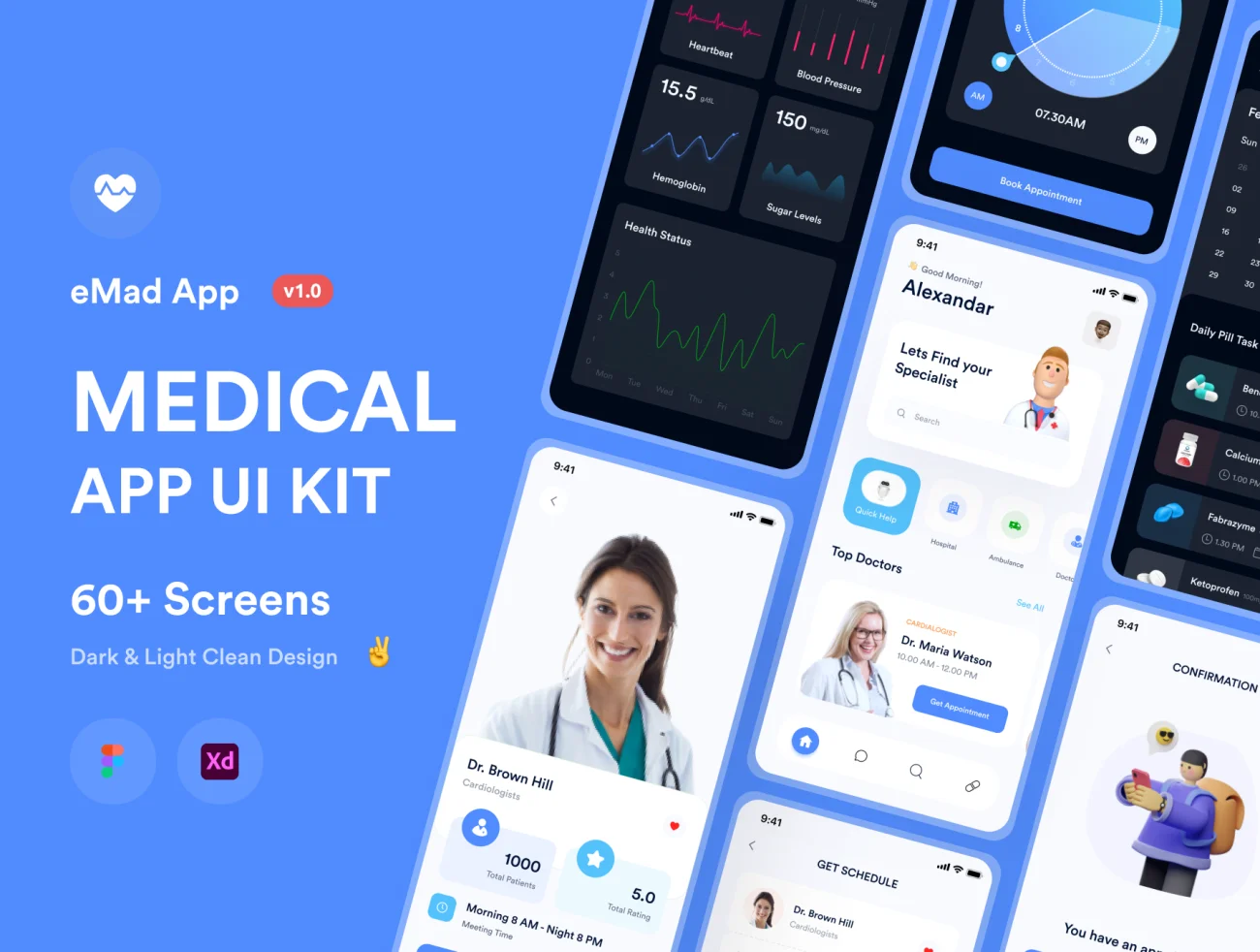 62屏健康管理医疗应用iOS UI设计套件 eMade – Medical App iOS UI Kit插图1