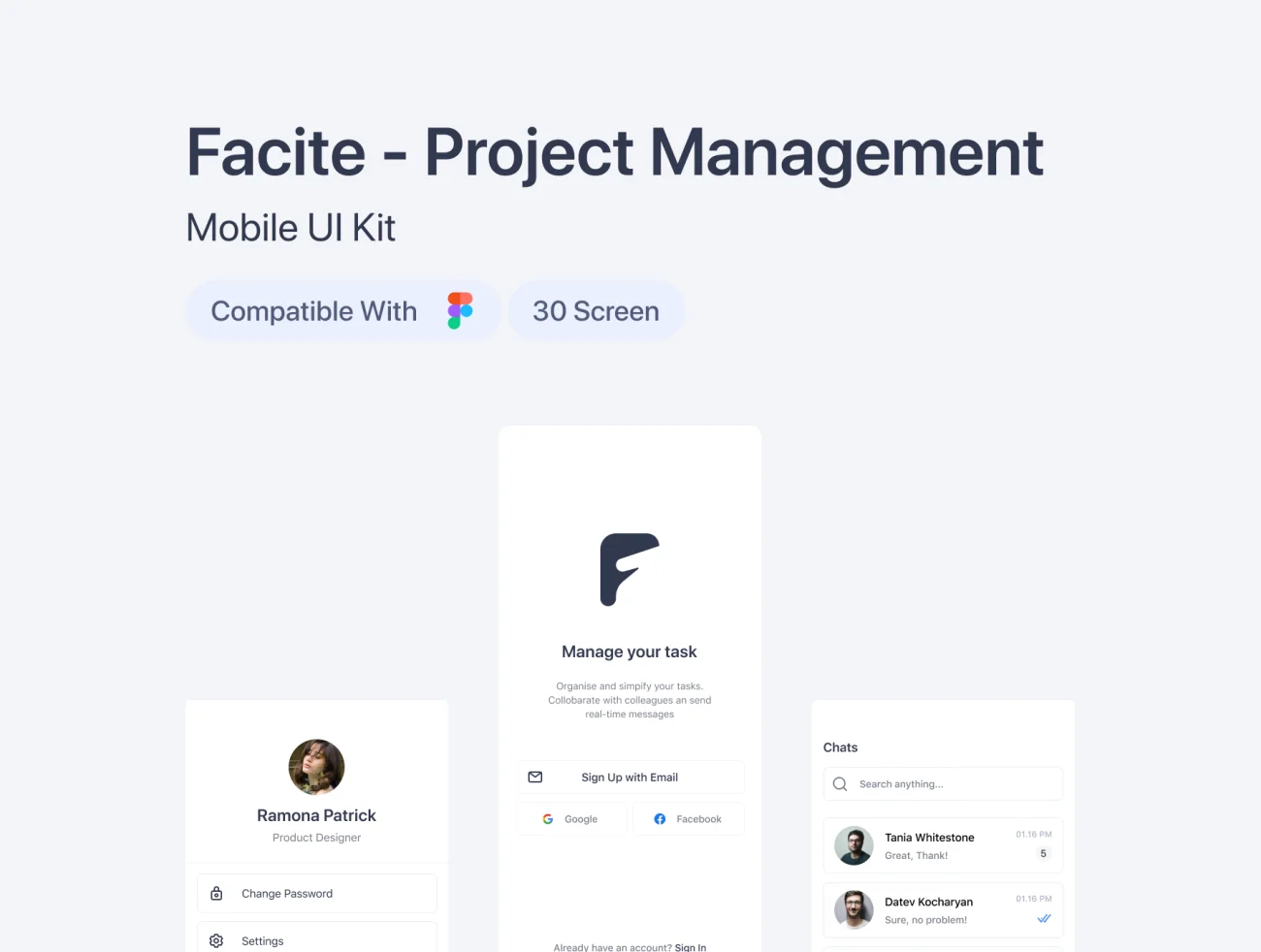 30屏项目管理手机应用UI设计套件 Facite – Project Management App UI Kit插图1