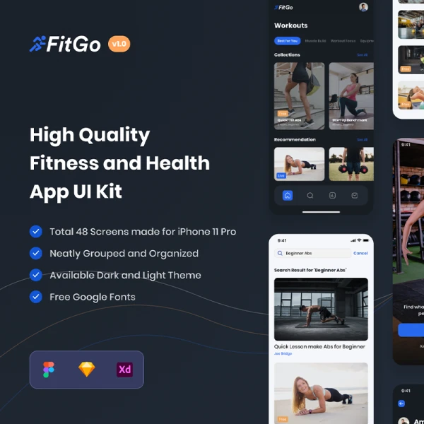 24屏健身健康手机应用UI套件 FitGo - Fitness and Health App UI Kit