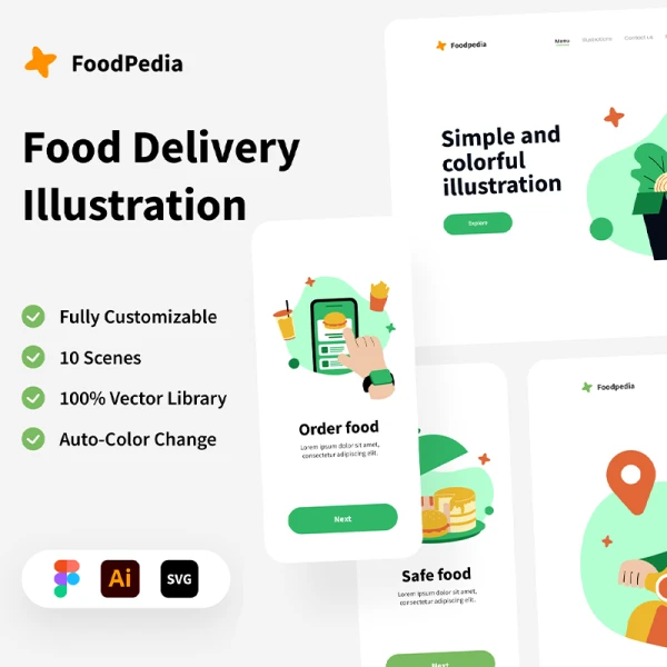 10款美食烹饪外卖送餐矢量插图包 Foodpedia - Food Delivery Illustration KIT