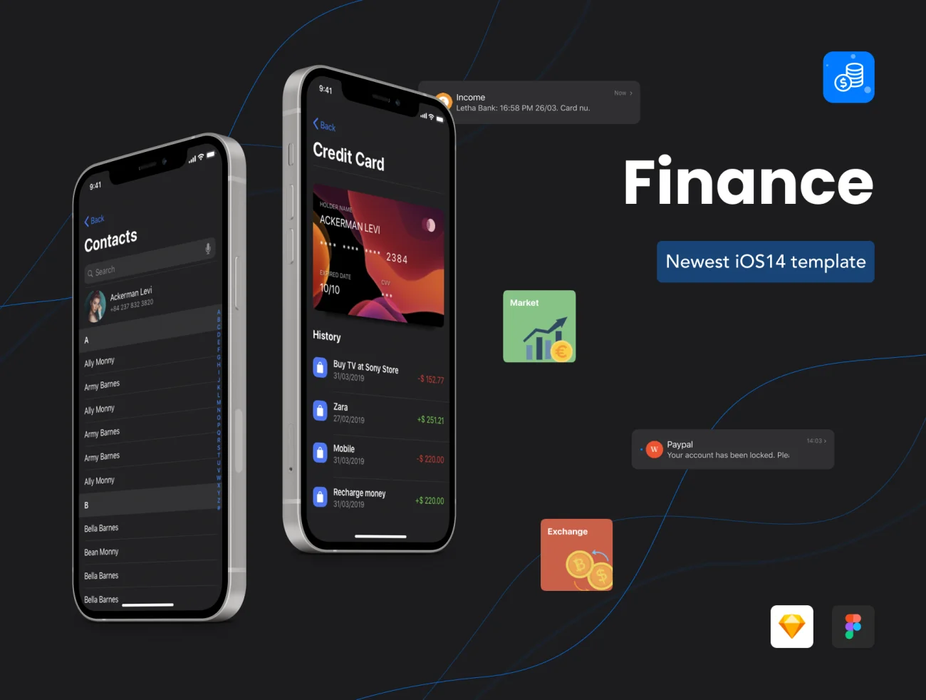 30屏iOS 14金融银行理财深色应用设计套件 GLORIES – Finance App iOS 14 UI Design Template插图1