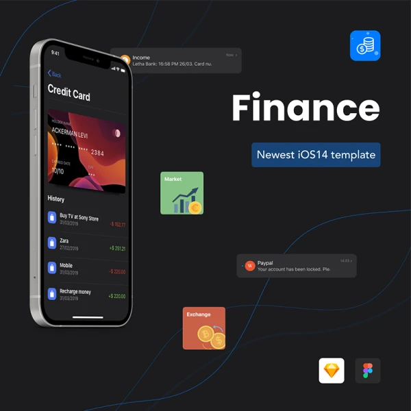 30屏iOS 14金融银行理财深色应用设计套件 GLORIES - Finance App iOS 14 UI Design Template