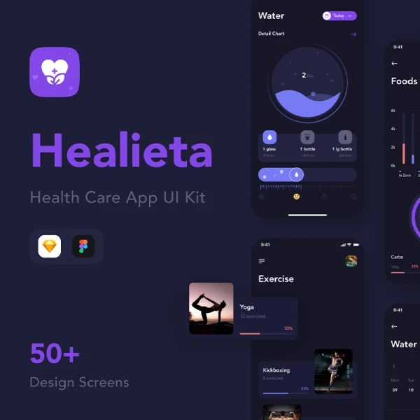 50屏医疗保健热了摄入喝水提醒应用UI套件 Healieta - Health Care Mobile App UI Kit