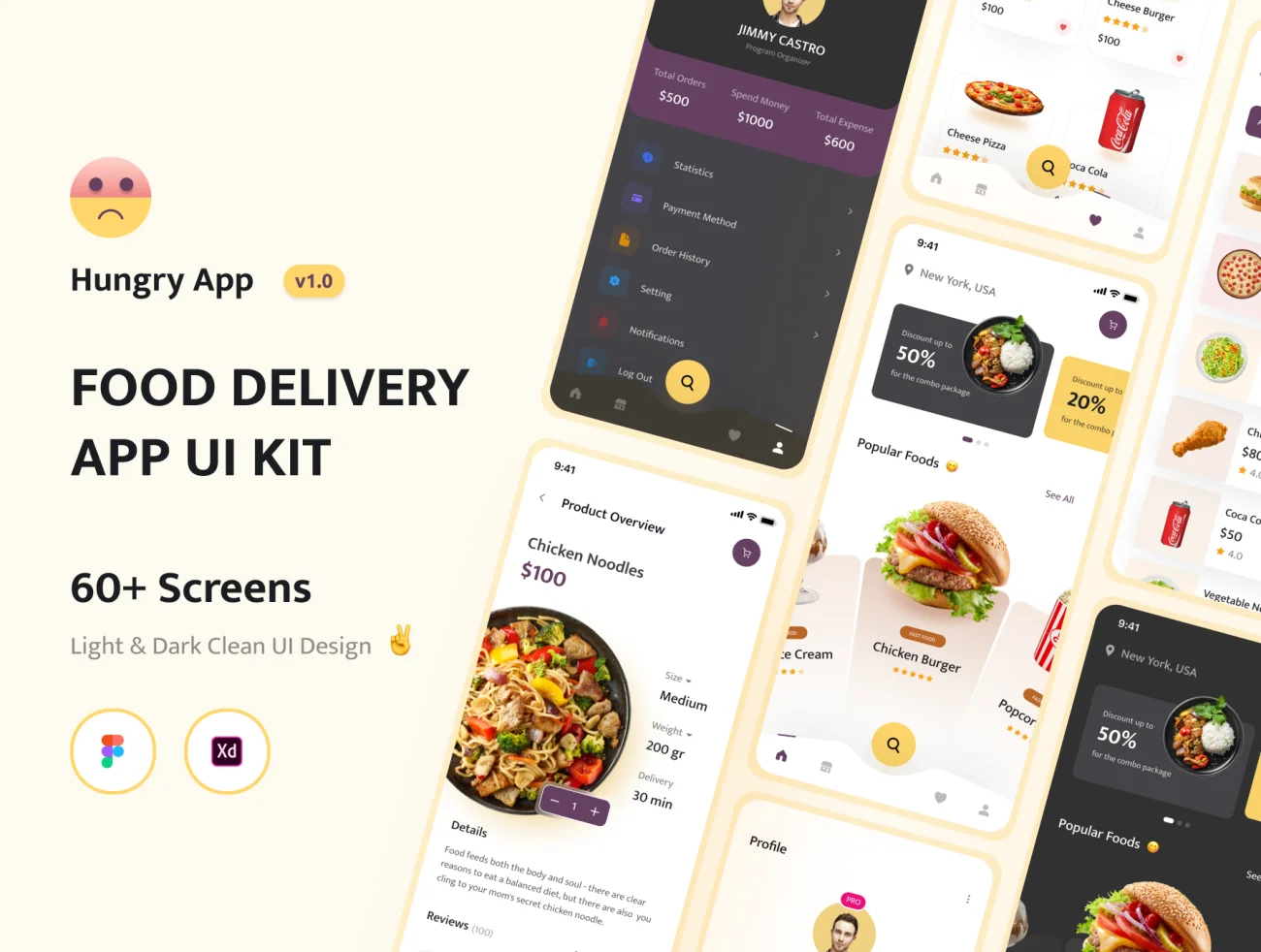 60屏外卖食品配送应用用户界面设计套件 Hungry – Food Delivery App UI KIT Dark _ Light插图1