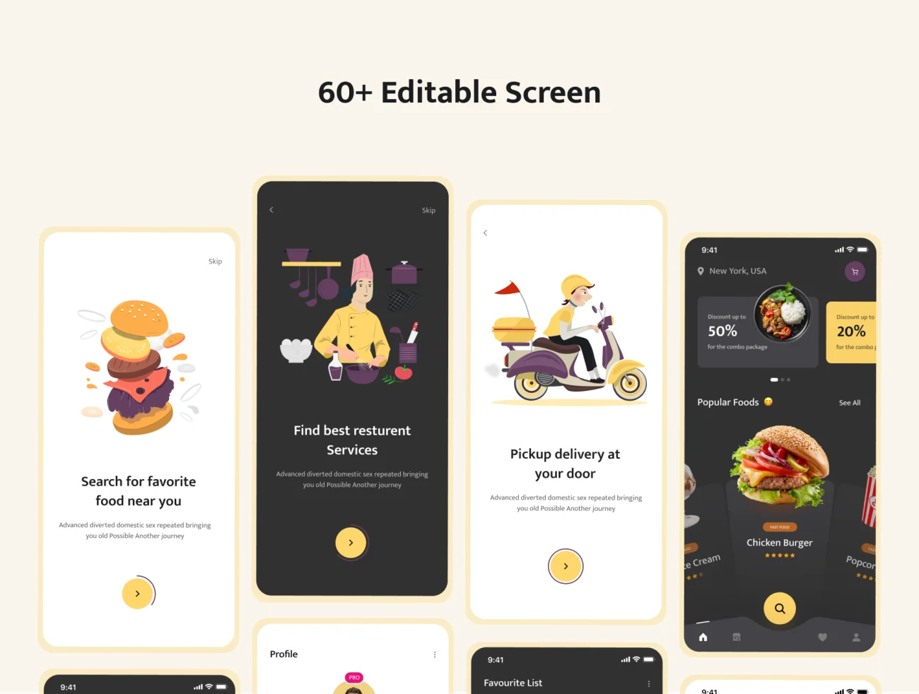60屏外卖食品配送应用用户界面设计套件 Hungry – Food Delivery App UI KIT Dark _ Light插图7