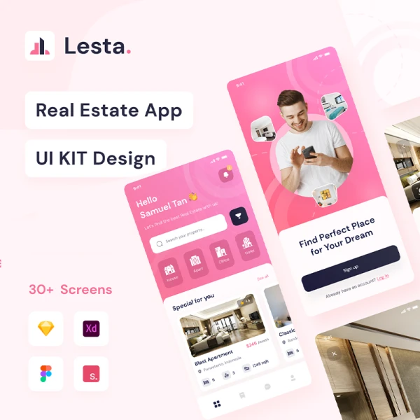 30屏房地产物业购房租房应用用户界面设计套件 Lesta - Real Estate App UI KIT Design