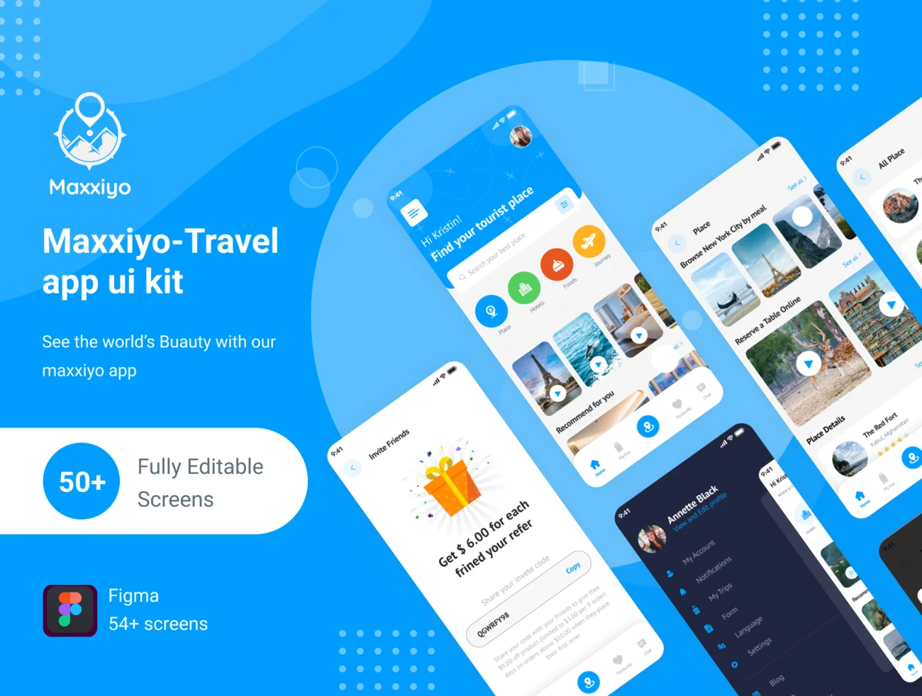 54屏蓝色简约旅游出行应用ui设计套件 Maxxiyo-Travel app ui kit-UI/UX、ui套件、主页、出行、列表、卡片式、地图、应用、日历、表单、预订-到位啦UI