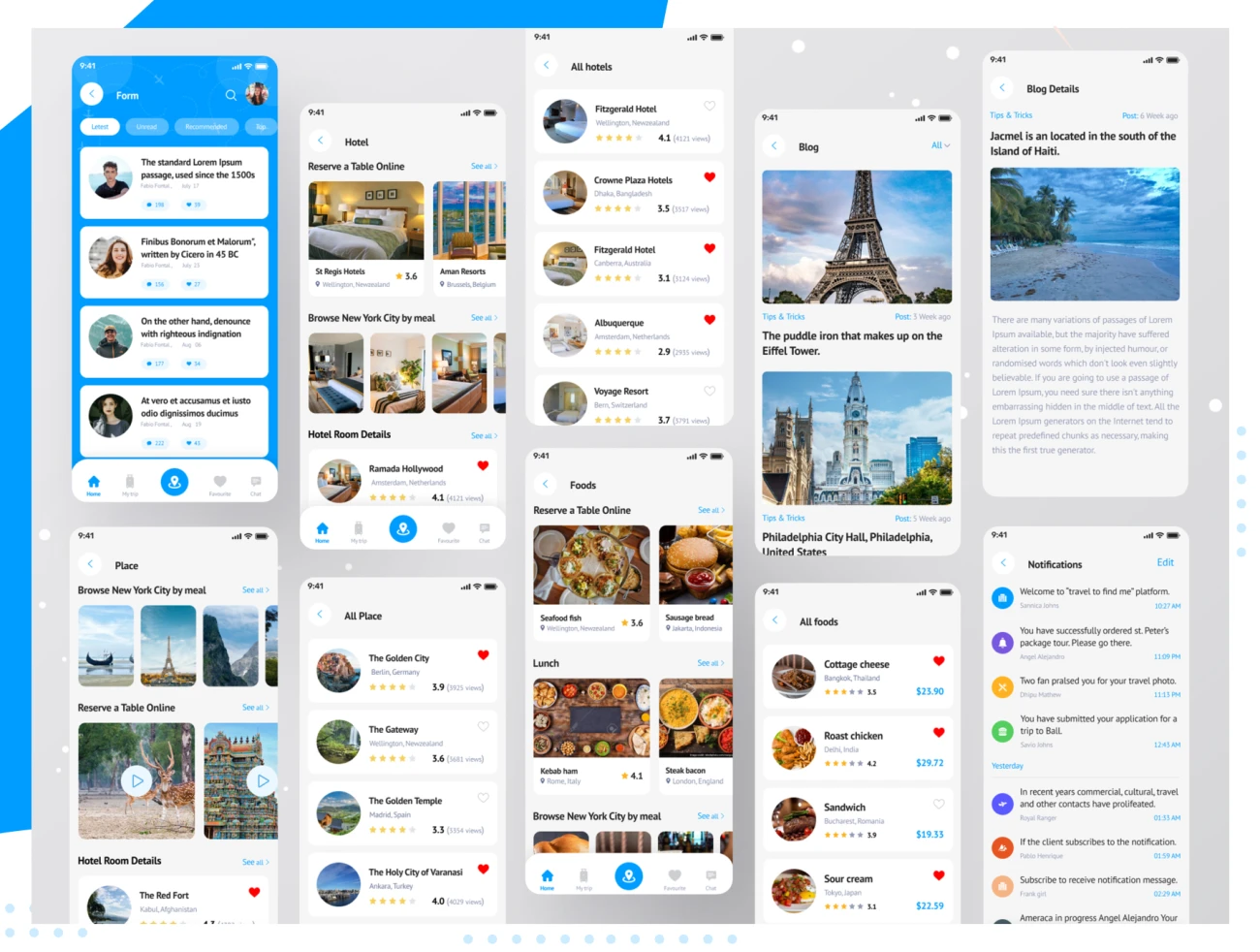 54屏蓝色简约旅游出行应用ui设计套件 Maxxiyo-Travel app ui kit-UI/UX、ui套件、主页、出行、列表、卡片式、地图、应用、日历、表单、预订-到位啦UI